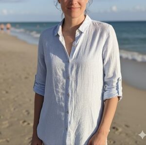 St. Tropez 100% linen blue white striped button down shirt large